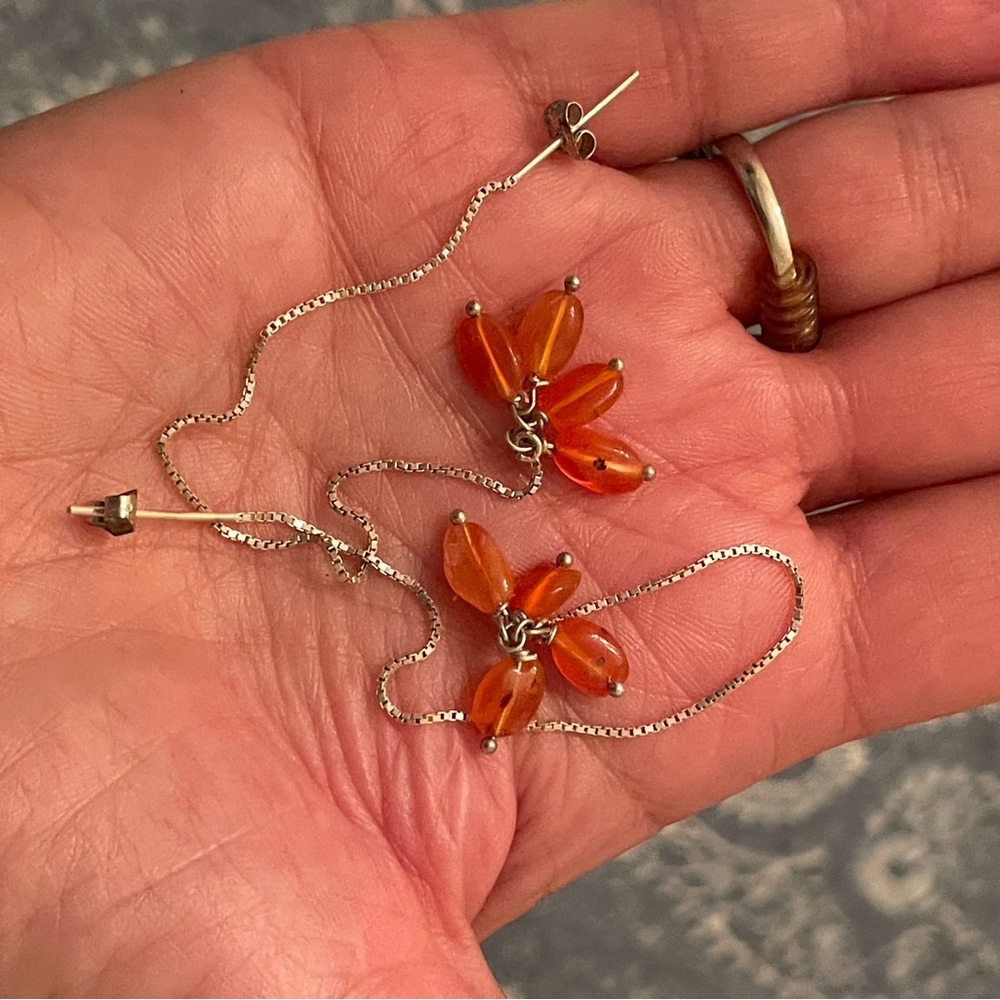 Vintage Orange Carnelian 5 inch Chain Drop 925 Earrings butterfly backs
